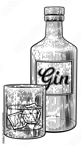 Gin drink in a glass with ice accompanied by a bottle in a vintage woodcut etched or engraved style.