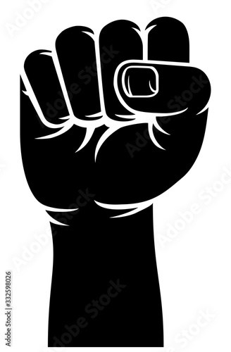 A stylised hand in a fist raised up in protest or revolution propaganda style sign