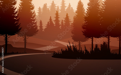 Natural pine trees forest. Mountains horizon hills and the route. Sunrise and sunset. Landscape wallpaper. Illustration vector style. Colorful view background. © Chakkree