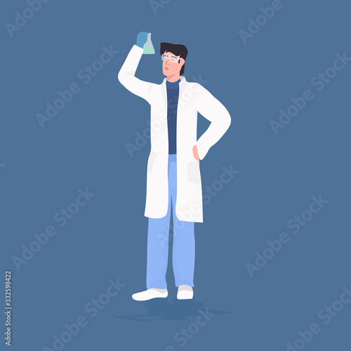 male scientist looking at test tube with fluid man researcher in white coat making chemical experiment in laboratory medical research concept full length vector illustration