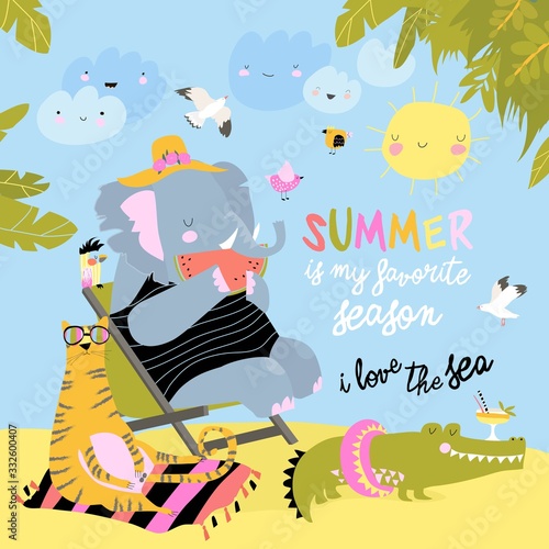 Cute cartoon animals sunbathing on beach. Hello summer