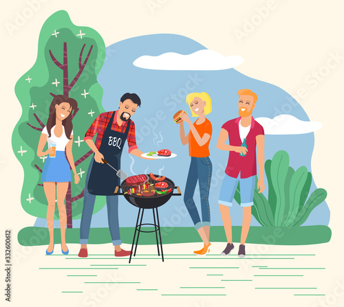 People grilling meet and steaks outdoors. Man cooking burgers for friends. Character on weekend in park or forest with greenery. Couples on picnic. Company of personages outside, vector in flat