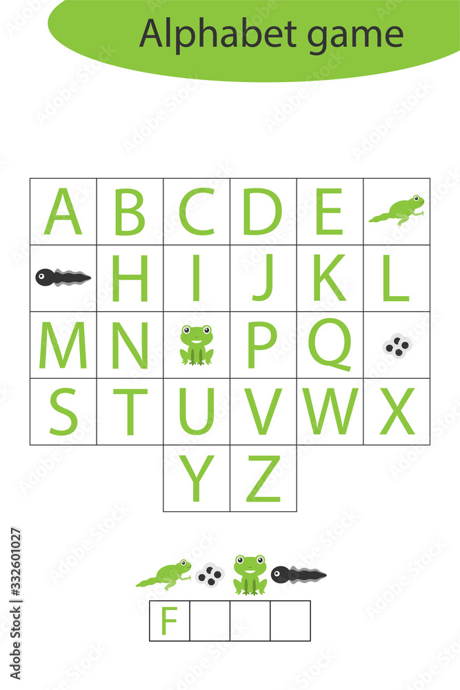 Frog alphabet game for children, make a word, preschool worksheet activity for kids, educational spelling scramble game for the development of children, vector illustration