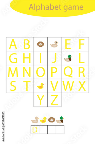 Duck alphabet game for children, make a word, preschool worksheet activity for kids, educational spelling scramble game for the development of children, vector illustration