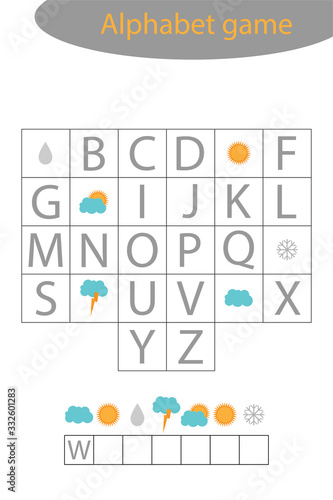 Weather alphabet game for children, make a word, preschool worksheet activity for kids, educational spelling scramble game for the development of children, vector illustration