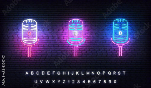 Microphone neon. Set of glowing neon microphones for podcast, stand up, comedy show