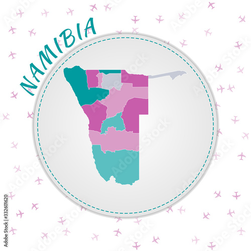 Namibia map design. Map of the country with regions in emerald-amethyst color palette. Rounded travel to Namibia poster with country name and airplanes background. Awesome vector illustration.