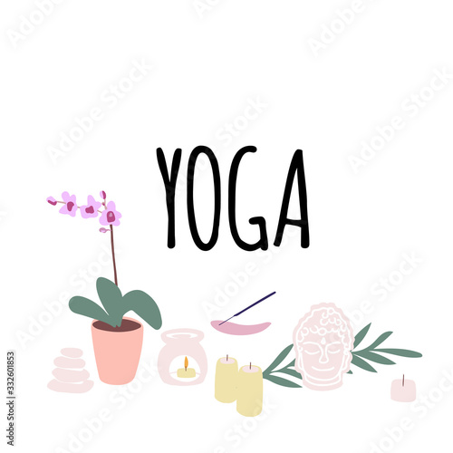 Illustration of items for yoga and meditation, yoga mat, aroma lamp, candles in cartoon style