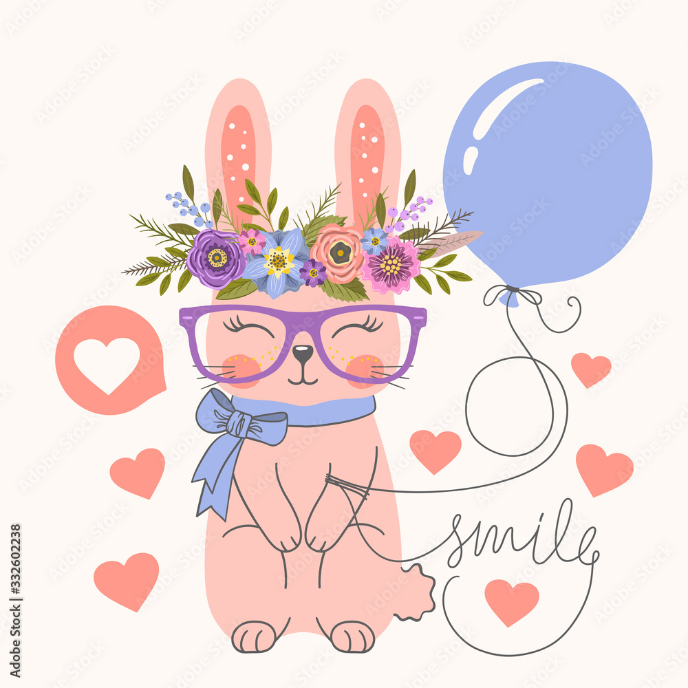 Cute rabbit with girl with floral wreath, balloon. Smile slogan. Vector illustration for t-shirt graphics, fashion prints and other uses Cute rabbit with girl with floral wreath, balloon. Smile slogan. Vector illustration for t-shirt graphics, fashion prints and other uses