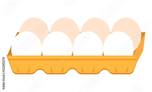 Eight oval shaped eggs in carton container. White eggshell cover other pieces. Edible ingredient of meals. Isolated organic product in package on white background. Vector illustration in flat style