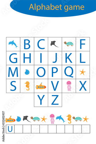 Underwater alphabet game for children, make a word, preschool worksheet activity for kids, educational spelling scramble game for the development of children, vector illustration