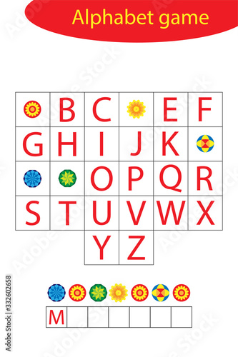 Mandala alphabet game for children, make a word, preschool worksheet activity for kids, educational spelling scramble game for the development of children, vector illustration