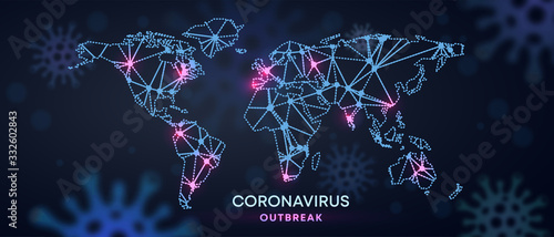 Covid-19 infection with to the World Map and infected locations. Coronavirus healthcare banner. Infection of polygons world map