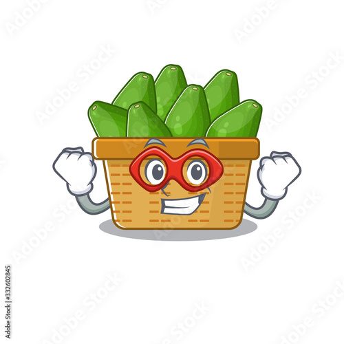 A picture of avocado fruit basket in a Super hero cartoon character