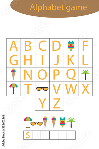 Summer alphabet game for children, make a word, preschool worksheet activity for kids, educational spelling scramble game for the development of children, vector illustration