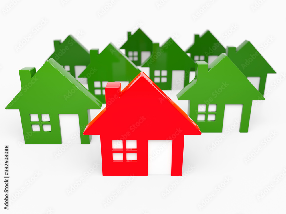 Red house between green houses realestate concept, 3D rendered with focus depth of field