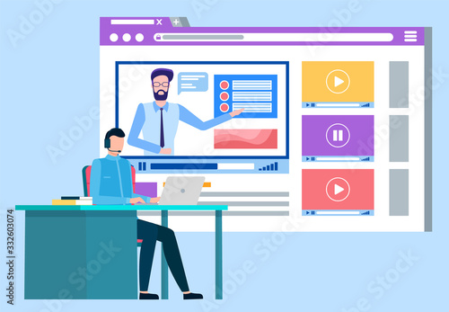 Man with laptop watching video and tutorial of teacher. Online education from home, obtaining of knowledge and academic degree. Student of business or developer academy or college, vector in flat