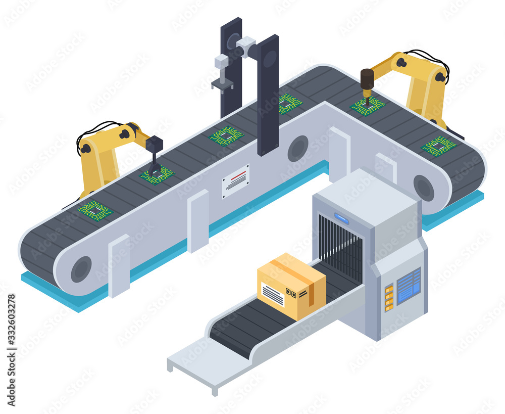 Mechanisms working on automated production. Smart robotic machines controlling microchips on conveyor. Factory produces and transport product. Vector illustration of automation in flat style