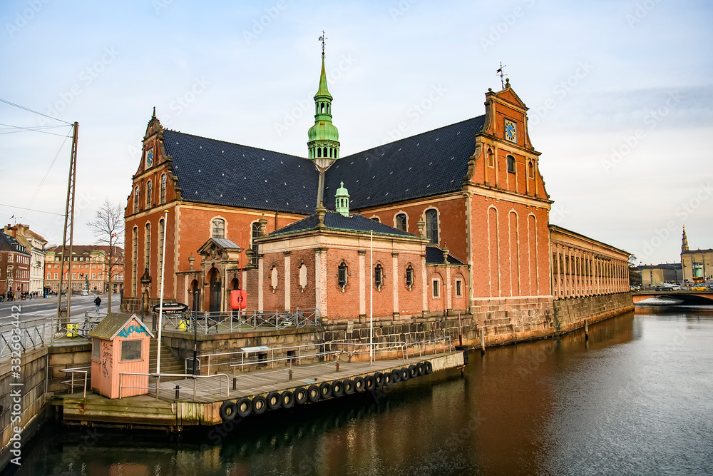 Evening view to Church of Holmen or Holmens Kirke on Holmens canal in Copenhagen, Denmark. February 2020