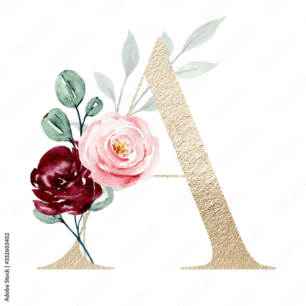 Gold letter a with watercolor flowers and leaves hand painting ...