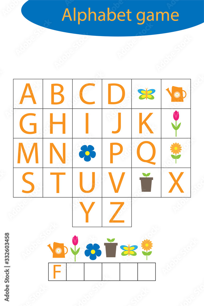 Spring alphabet game for children, make a word, preschool worksheet activity for kids, educational spelling scramble game for the development of children, vector illustration