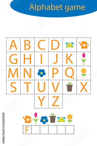Spring alphabet game for children, make a word, preschool worksheet activity for kids, educational spelling scramble game for the development of children, vector illustration