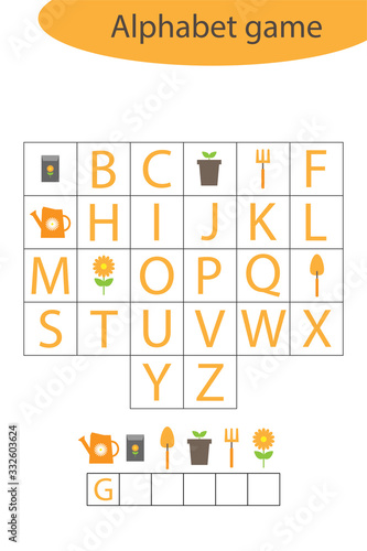 Spring garden alphabet game for children, make a word, preschool worksheet activity for kids, educational spelling scramble game for the development of children, vector illustration