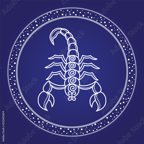 Scorpio constellation horoscope emblem in starry circle. Outline of cosmos scorpion character in round shape isolated on white. Card with astrology zodiacal sign and mythology element vector