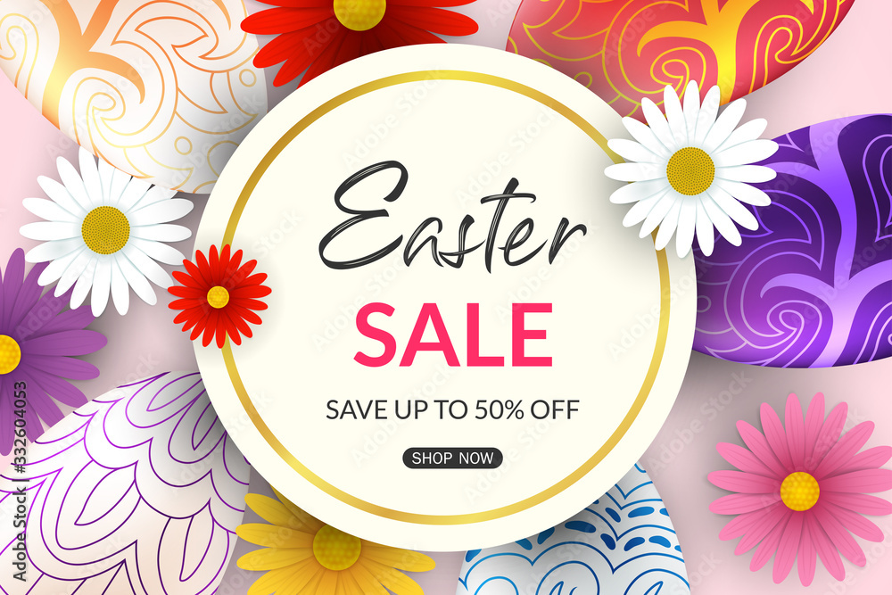 Fototapeta premium Happy Easter sale banner with Colorful Eggs