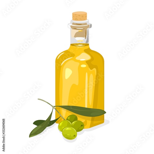 Green olive branch with leaves and fresh extra virgin yellow oil in glass corked bottle. Ingredient for healthy, vegetarian dishes in transparent kitchenware. Vector illustration isolated on white.