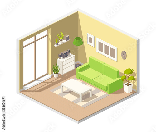 Isometric living room with sofa, table cupboard and other funiture. Vector illustration with separate layers.