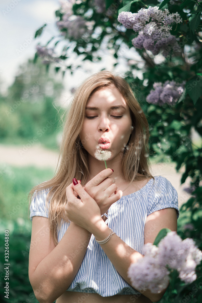 a girl under a lilac bush blows on a dandelion, fluff scatters in different directions a girl under a lilac bush blows on a dandelion, fluff scatters in different directions