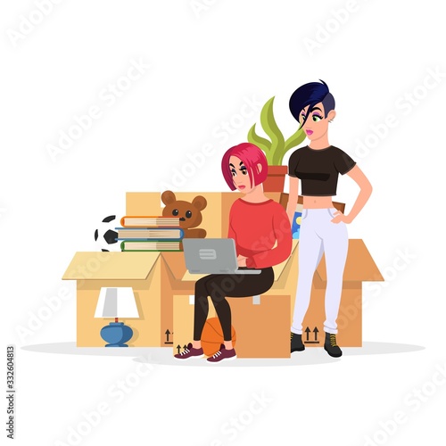 Two students are near pile of things in cardboard boxes, looking for new flat, houseroom at laptop. Redheaded and brunette girl, young woman, lesbies living together. Vector cartoon isolated on white.