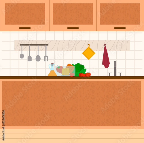 Cozy kitchen interior, furnishing for room. Wooden tabletop and cupboard, kitchenware and products. Oil and fresh vegetables as peppers, cabbage and tomatoes on surface. Vector illustration in flat