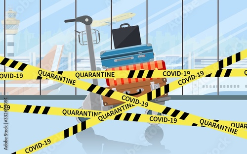 Coronavirus COVID-19 quarantine in airport, suitcase bags, yellow tapes. Flight cancellation, concept of quarantine prevention of coronavirus. Vector illustration in flat style