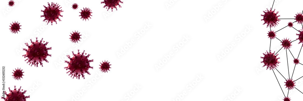 Panoramic 3D illustration.Infected virus cells.Image of Flu COVID-19 virus cell.China pathogen respiratory influenza covid virus cells. Panoramic 3D illustration.Infected virus cells.Image of Flu COVID-19 virus cell.China pathogen respiratory influenza covid virus cells.