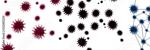 Panoramic 3D illustration.Infected virus cells.Image of Flu COVID-19 virus cell.China pathogen respiratory influenza covid virus cells. 