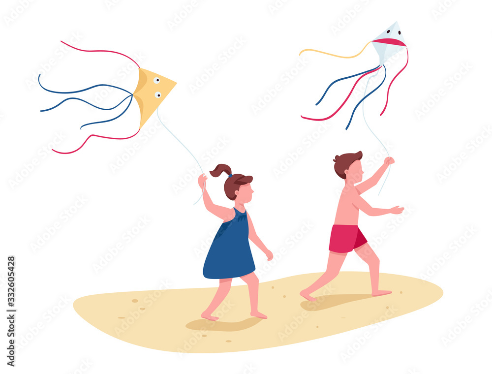 Children running with flying kites flat color vector faceless characters. Kids beach activity. Boy and girl summer entertainment isolated cartoon illustration for web graphic design and animation