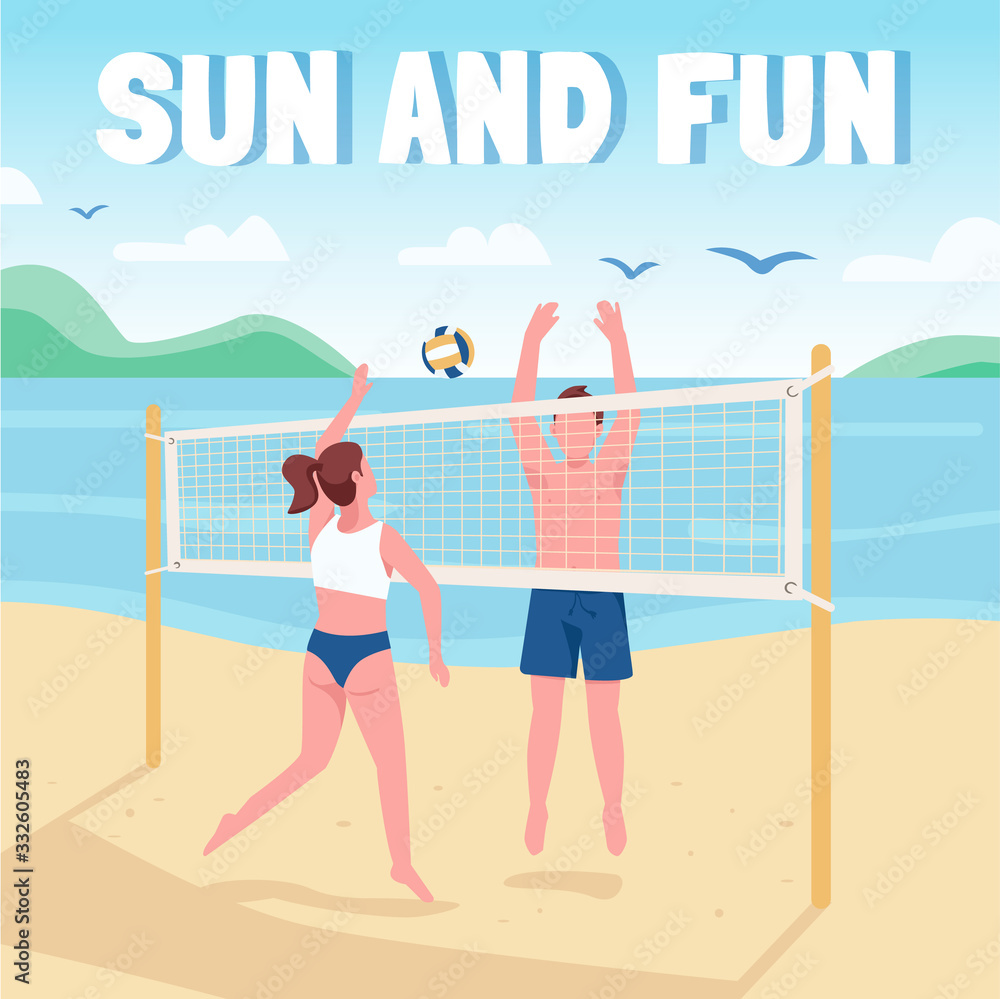 Friends playing beach volleyball social media post mockup. Sun and fun phrase. Web banner design template. Booster, content layout with inscription. Poster, print ads and flat illustration
