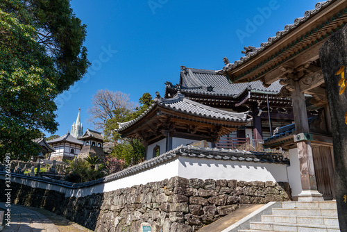 [長崎県]平戸ザビエル記念教会と寺院が見える風景