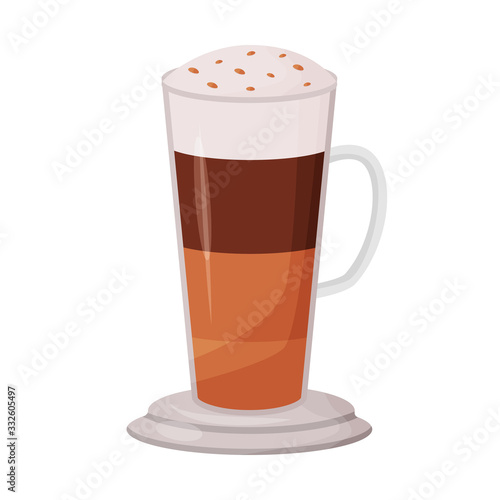 Layered coffee cartoon vector illustration. Mocha flat color object. Dessert sweet drink with topping. Caffeine cocktail menu. Caramel macchiato. Frappuccino isolated on white background
