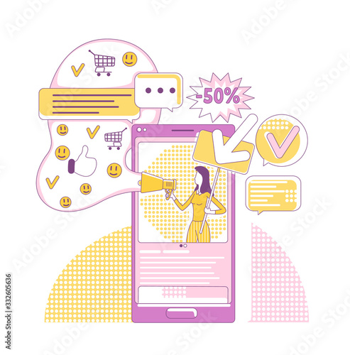 SMM tools thin line concept vector illustration. Internet promoter, influencer 2D cartoon character for web design. Social media marketing, viral online advertising, internet promotion creative idea
