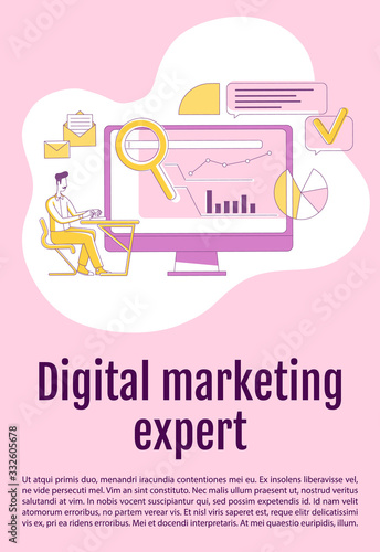 Digital marketing expert poster flat silhouette vector template. SEO analysis brochure, booklet one page concept design with cartoon characters. Internet research flyer, leaflet with text space