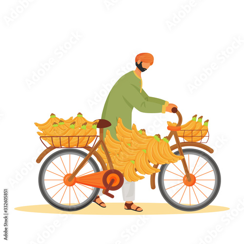 Male Indian carrying bananas on bicycle flat color vector faceless character. Exotic fruits vendor, man with cycle isolated cartoon illustration for web graphic design and animation
