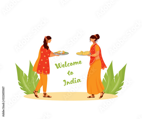 Indian women wearing sari flat color vector faceless characters. Welcome to India, females with traditional meals isolated cartoon illustration for web graphic design and animation
