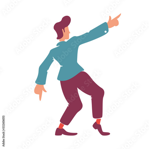 Stylish retro man with hand up flat color vector faceless character. Standing male person back view. Confident old fashioned guy in blue blazer dancing isolated cartoon illustration
