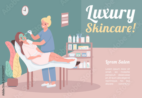 Plakat Luxury skincare banner flat vector template. Brochure, poster concept design with cartoon characters. Premium facial treatment. Green cucumber mask horizontal flyer, leaflet with place for text