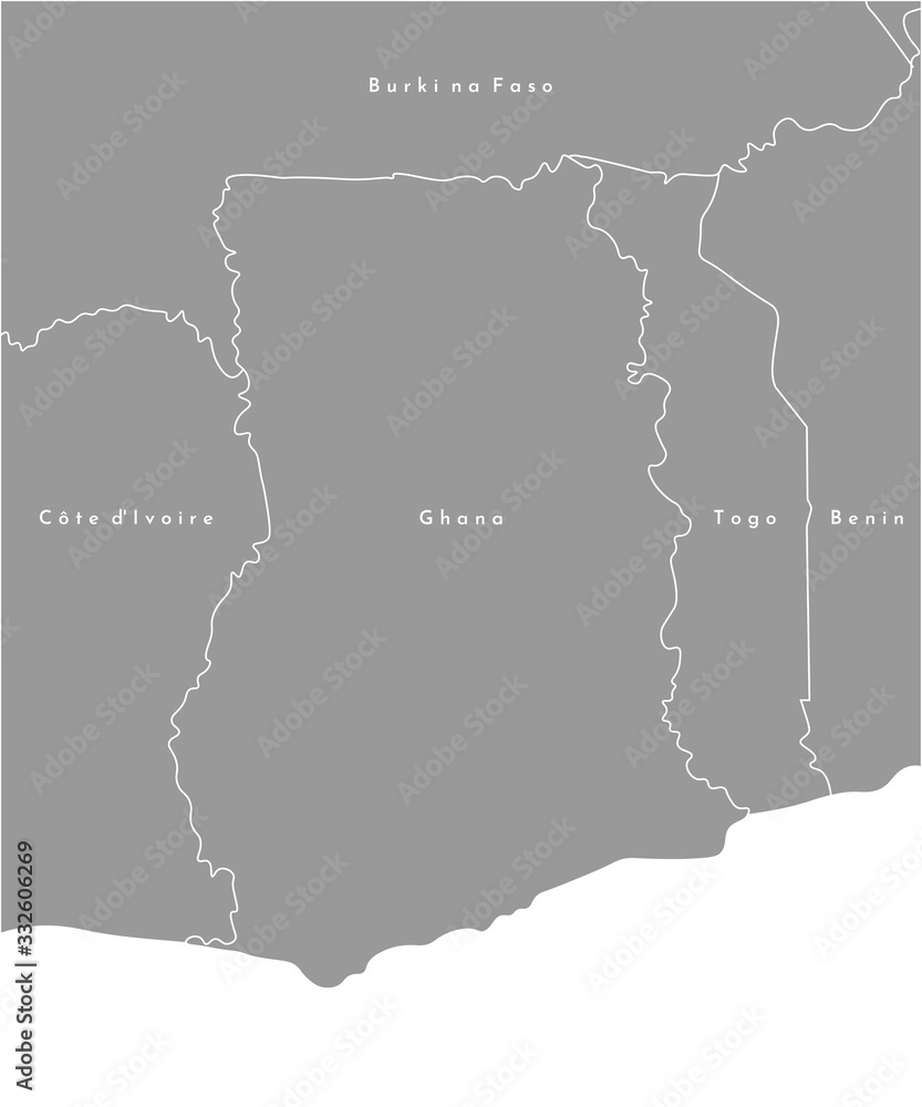 Vector illustration in grey color. Simplified political map with Ghana in the center and border with neighboring countries (Cote d'Ivore, Togo, Benin, Burkina Faso). White background of Gulf of Guinea