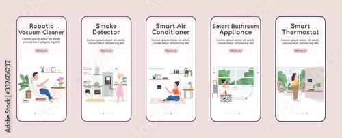 IOT devices onboarding mobile app screen flat vector template. Smart home appliances control walkthrough website steps with characters. UX, UI, GUI smartphone cartoon interface, case prints set