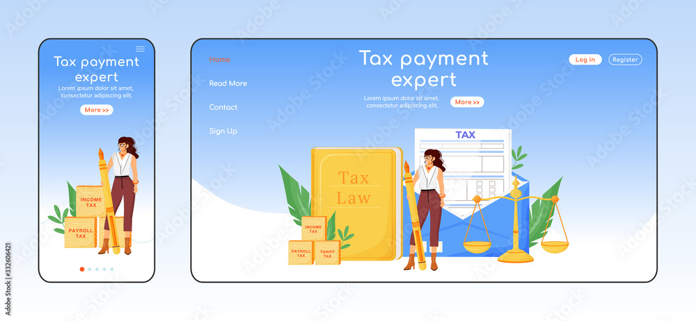 Tax payment expert adaptive landing page flat color vector template. Financial consultancy mobile and PC homepage layout. Economist service one page website UI. Webpage cross platform design
